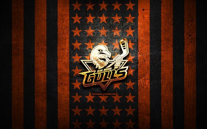 San Diego Gulls flag, AHL, orange black metal background, american hockey team, San Diego Gulls logo, USA, hockey, golden logo, San Diego Gulls