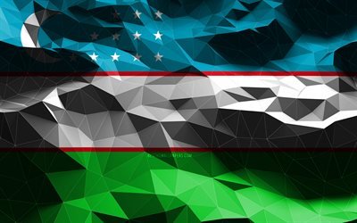 4k, bandeira do Uzbequist&#227;o, arte low poly, pa&#237;ses asi&#225;ticos, s&#237;mbolos nacionais, Bandeira do Uzbequist&#227;o, Bandeiras 3D, Uzbequist&#227;o, &#193;sia, Bandeira 3D do Uzbequist&#227;o