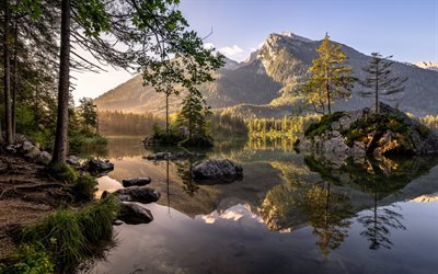 Germany, 4k, morning landscapes, lake, mountains, summer, Bavaria, Alps, beautiful nature, Europe