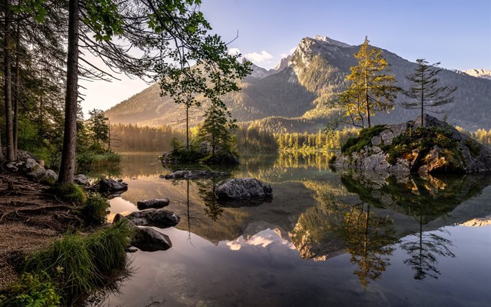 Alemanha, 4k, paisagens matinais, lago, montanhas, ver&#227;o, Baviera, Alpes, bela natureza, Europa
