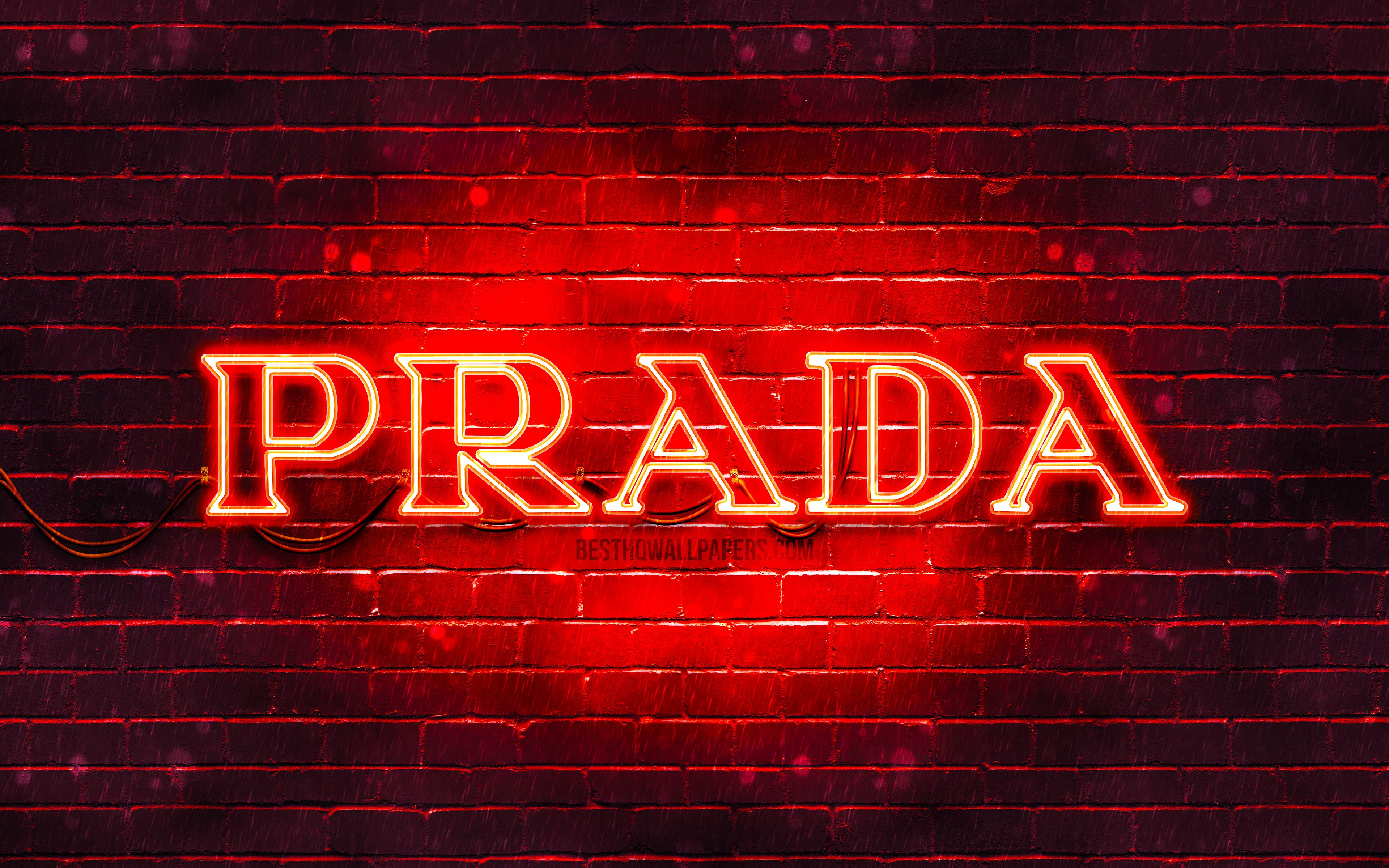 ダウンロード画像 プラダの赤いラインのロゴ 4k 赤レンガの壁 プラダロゴ ファッションブランド プラダネオンロゴ Prada プラダ 画面の解像度 3840x2400 壁紙デスクトップ上
