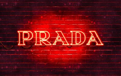 Logo rosso Prada, 4k, muro di mattoni rossi, logo Prada, marchi di moda, logo neon Prada, Prada