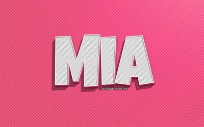 Mia, sfondo a linee rosa, sfondi con nomi, nome Mia, nomi femminili, biglietto di auguri Mia, disegni al tratto, foto con nome Mia