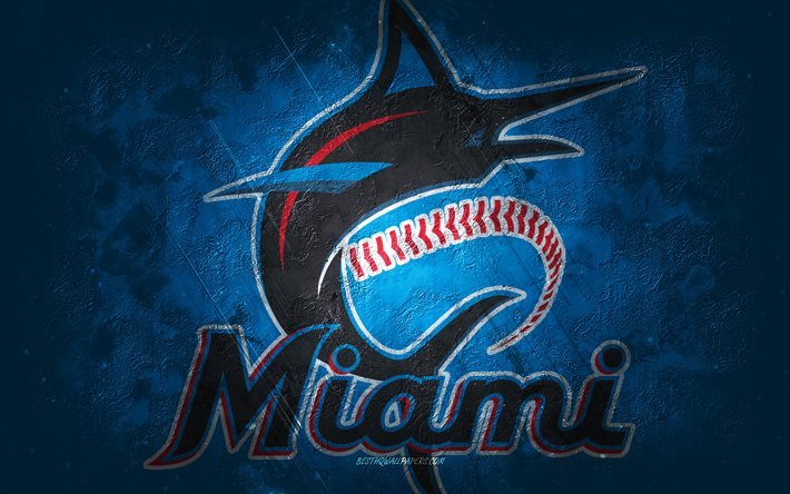 Miami Marlins, &#233;quipe de baseball am&#233;ricaine, fond de pierre bleue, logo de Miami Marlins, art grunge, MLB, baseball, USA, embl&#232;me de Miami Marlins