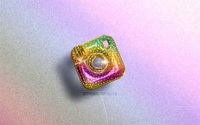 4K, Instagram logosu, renkli ger&#231;ek&#231;i balonlar, sosyal ağlar, renkli arka planlar, Instagram 3D logosu, yaratıcı, Instagram