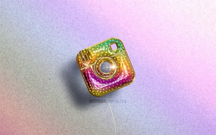 4K, logotipo do Instagram, bal&#245;es realistas coloridos, redes sociais, planos de fundo coloridos, logotipo 3D do Instagram, criativo, Instagram