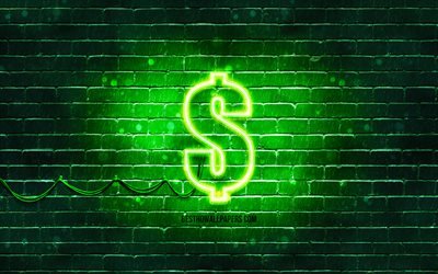 US Dollars neon icon, 4k, USD, green background, currency, neon symbols, US Dollars, neon icons, US Dollars sign, currency signs, US Dollars icon, currency icons