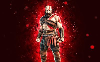 Kratos, 4k, red neon lights, Fortnite Battle Royale, Fortnite characters, Kratos Skin, Fortnite, Kratos Fortnite