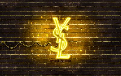 Yves Saint Laurent keltainen logo, 4k, keltainen tiilisein&#228;, Yves Saint Laurent -logo, muotimerkit, Yves Saint Laurent neonlogo, Yves Saint Laurent