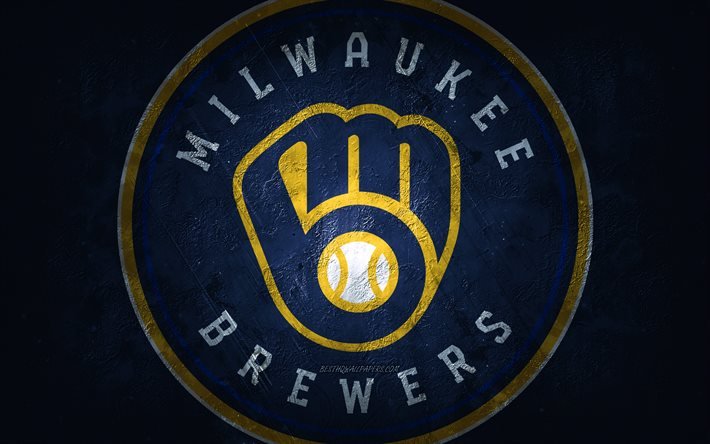 Milwaukee Brewers, &#233;quipe de baseball am&#233;ricaine, fond de pierre bleue, logo Milwaukee Brewers, art grunge, MLB, baseball, &#201;tats-Unis, embl&#232;me des Milwaukee Brewers, nouveau logo 2020 des Milwaukee Brewers