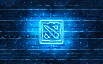 Dota 2 blue logo, 4k, blue brickwall, Dota 2 logo, artwork, Dota 2 neon logo, Dota 2