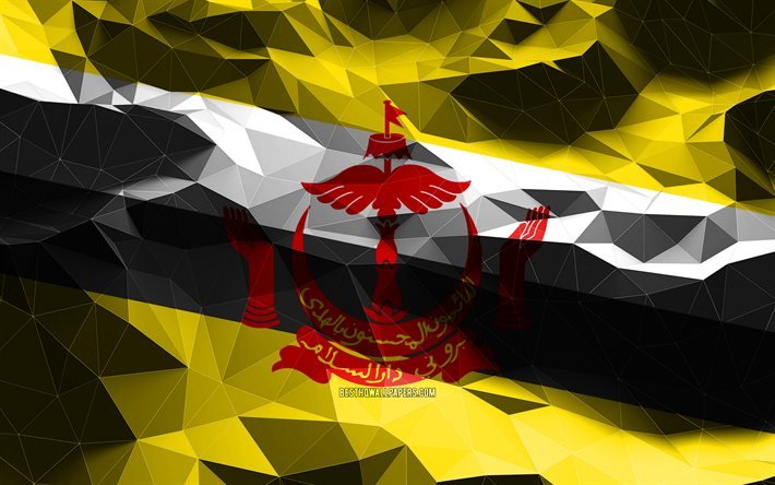 4k, bandiera del Brunei, arte low poly, paesi asiatici, simboli nazionali, bandiere 3D, Brunei, Asia, bandiera 3D del Brunei