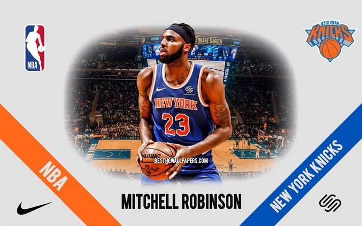 Mitchell Robinson, New York Knicks, jogador americano de basquete, NBA, retrato, EUA, basquete, Madison Square Garden, logotipo do New York Knicks