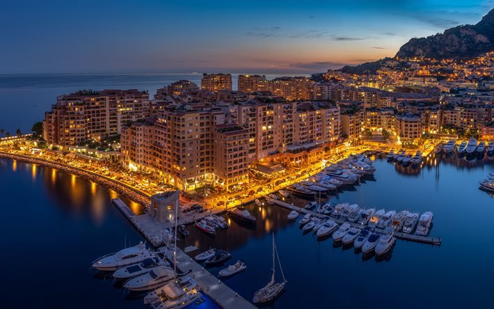 Monte Carlo, porto, baia, sera, tramonto, yacht di lusso, panorama di Monte Carlo, paesaggio urbano di Monte Carlo, Monaco