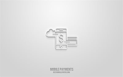 Mobiilimaksamisen 3d-kuvake, valkoinen tausta, 3d-symbolit, mobiilimaksu, maksukuvakkeet, 3d-kuvakkeet, mobiilimaksun merkki, online-rahan 3d-kuvakkeet