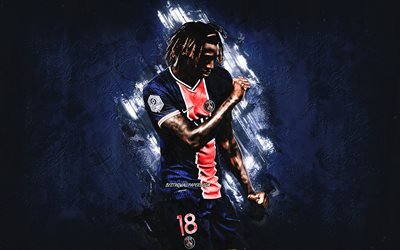 Moise Kean, PSG, blue stone background, Paris Saint-Germain, soccer, Ligue 1, France