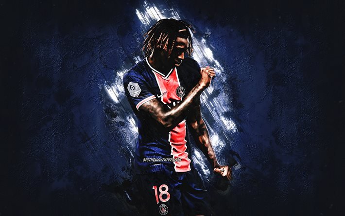 Moise Kean, PSG, blue stone background, Paris Saint-Germain, soccer, Ligue 1, France