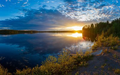 Kuusamo, p&#244;r do sol, lago, paisagens noturnas, Finl&#226;ndia, ver&#227;o, Europa, bela natureza