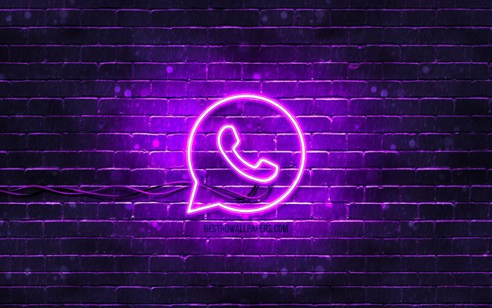 WhatsApp violet logo, 4k, violet brickwall, WhatsApp logo, social networks, WhatsApp neon logo, WhatsApp