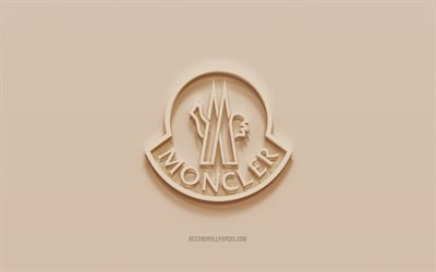 Moncler logo, brown plaster background, Moncler 3d logo, brands, Moncler emblem, 3d art, Moncler
