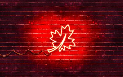 Red leaf neon icon, 4k, red background, neon symbols, Red leaf, neon icons, Red leaf sign, nature signs, Red leaf icon, nature icons