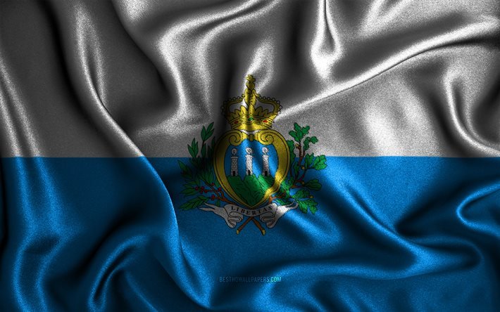 Bandiera di San Marino, 4K, bandiere ondulate di seta, paesi europei, simboli nazionali, bandiera di San Marino, bandiere in tessuto, arte 3D, San Marino, Europa, bandiera 3D di San Marino