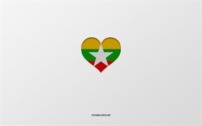Myanmar&#39;ı seviyorum, Asya &#252;lkeleri, Myanmar, gri arka plan, Myanmar bayrağı kalp, en sevdiğim &#252;lke
