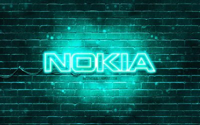 Nokia turquoise logo, 4k, turquoise brickwall, Nokia logo, artwork, Nokia neon logo, Nokia