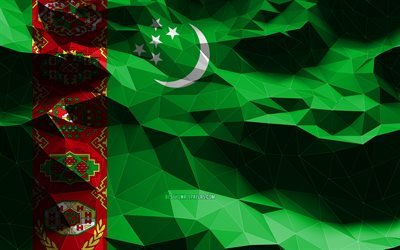4k, bandiera turkmena, arte low poly, paesi asiatici, simboli nazionali, bandiera del Turkmenistan, bandiere 3D, Israele, Asia, bandiera 3D del Turkmenistan