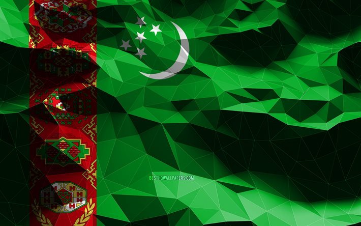 4k, トルクメンの旗, 低ポリアート, アジア諸国, 国のシンボル, トルクメニスタンの旗, 3Dフラグ, イスラエル, アジア, トルクメニスタン3Dフラグ