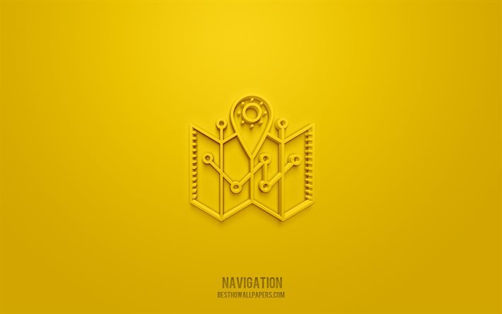 Navigation 3d icon, yellow background, 3d symbols, Navigation, Maps icons, 3d icons, Navigation sign, Maps 3d icons