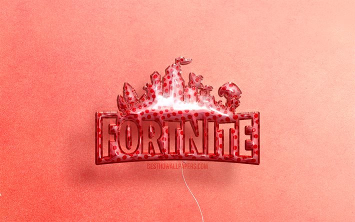 4k, logo 3D Fortnite, illustrations, Fortnite Battle Royale, ballons r&#233;alistes roses, logo Fortnite, arri&#232;re-plans roses, Fortnite