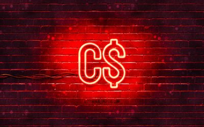 Canadian dollars neon icon, 4k, red background, currency, neon symbols, Canadian dollars, neon icons, Canadian dollars sign, currency signs, Canadian dollars icon, currency icons
