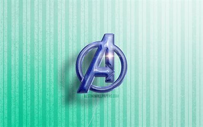 4k, Avengers 3D logo, blue realistic balloons, superheroes, Avengers logo, blue wooden backgrounds, Avengers