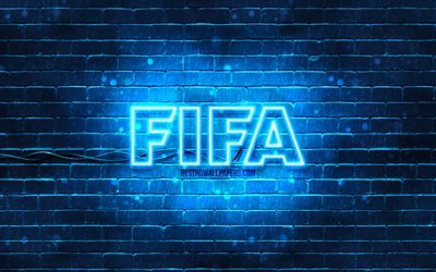Logo bleu FIFA, 4k, brickwall bleu, logo FIFA, simulateur de football, logo n&#233;on FIFA, FIFA