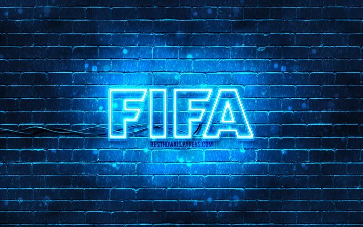 FIFA blue logo, 4k, blue brickwall, FIFA logo, football simulator, FIFA neon logo, FIFA
