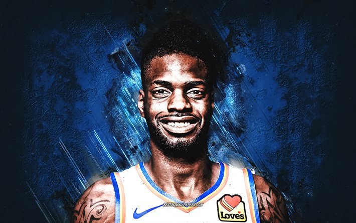 Nerlens Noel, New York Knicks, NBA, American basketball player, basketball, blue stone background