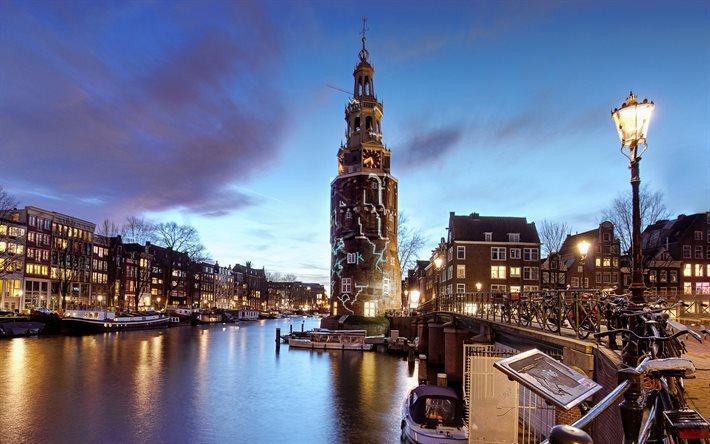 Amsterdam, chapel, old buildings, evening, sunset, Amsterdam panorama, Amsterdam cityscape, Netherlands