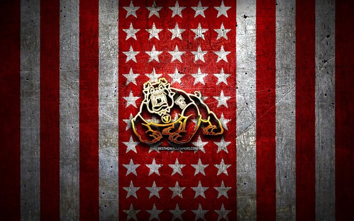 fresno state bulldogs flagge, ncaa, rot wei&#223; metall hintergrund, american football team, fresno state bulldogs logo, usa, american football, goldenes logo, fresno state bulldogs
