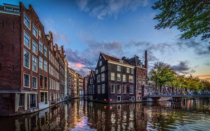 4k, Amsterdam, villes n&#233;erlandaises, canal d’eau, Pays-Bas, Europe, &#233;t&#233;, DRH