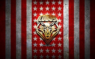 New Mexico Lobos flag, NCAA, red white metal background, american football team, New Mexico Lobos logo, USA, american football, golden logo, New Mexico Lobos