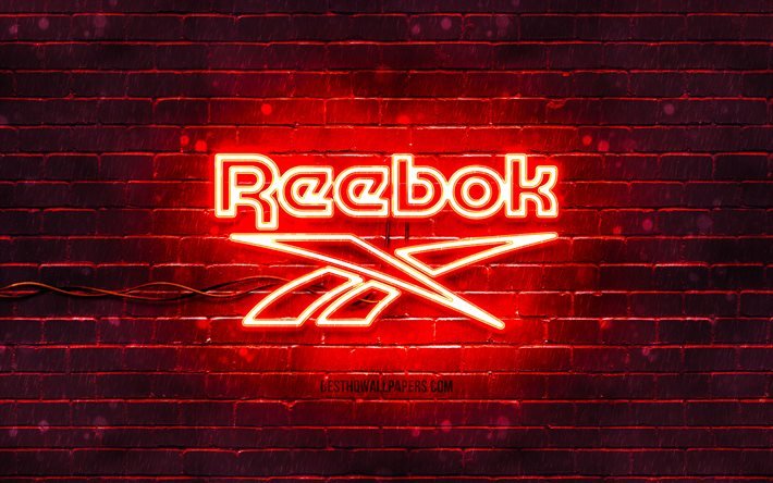 Logotipo vermelho Reebok, 4k, parede de tijolos vermelhos, logotipo da Reebok, marcas de moda, logotipo neon reebok, Reebok