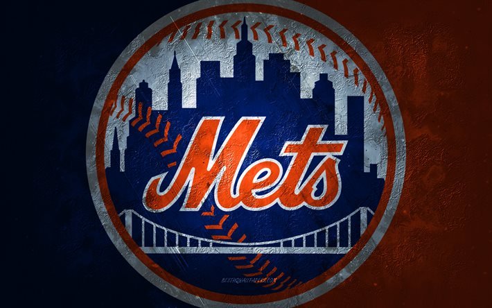New York Mets, American baseball team, orange stone background, New York Mets logo, grunge art, MLB, baseball, USA, New York Mets emblem