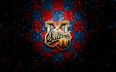 Sultanes de Monterrey, glitter logo, LMB, blue red checkered background, mexican baseball team, Sultanes de Monterrey logo, Mexican Baseball League, mosaic art, baseball, Mexico
