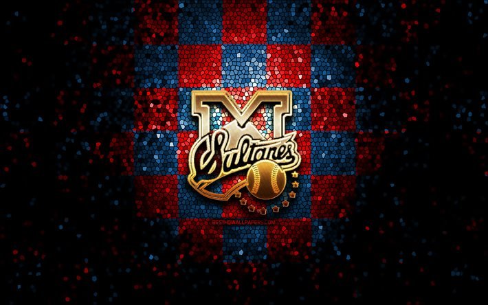 Sultanes de Monterrey, logo paillet&#233;, LMB, fond &#224; carreaux rouge bleu, &#233;quipe mexicaine de baseball, logo Sultanes de Monterrey, Ligue mexicaine de baseball, art mosa&#239;que, baseball, Mexique