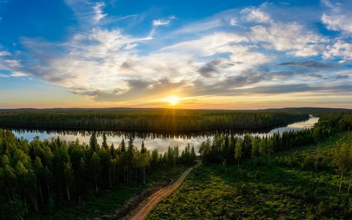 Taivalkoski, 4k, coucher de soleil, rivi&#232;re, paysages du soir, Finlande, &#233;t&#233;, Europe, belle nature