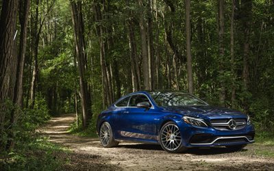 Mercedes-AMG C63 S Coupe, 2017, forest, blue mercedes
