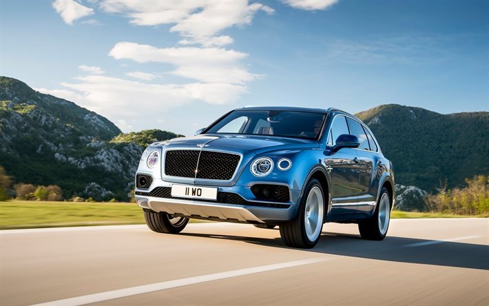 Bentley Bentayga, 2017, Diesel, azul Bentley, la carretera, la velocidad, el crossover de Bentley