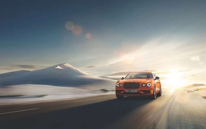 Bentley Flying Spur, 2016, orange Bentley, luxury cars, desert, dunes