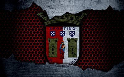 Braga, 4k, logotyp, Den F&#246;rsta Ligan, fotboll, football club, Portugal, grunge, metall textur, Braga FC
